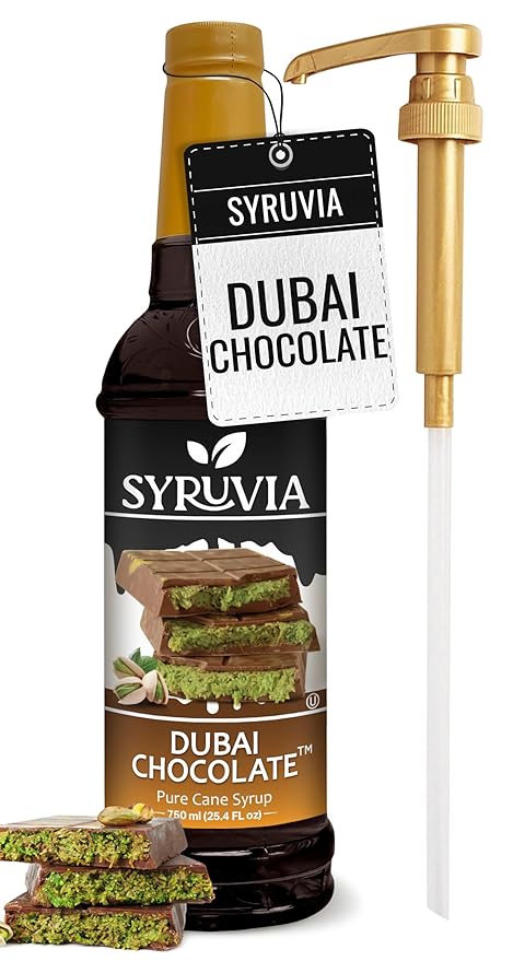 Syruvia Dubai Chocolate Coffee Syrup - 25.4 fl oz - Kosher Syrups, Gluten Free, No Coloring, Perfect for Drinks, Soda, Shakes, Desserts, and More With Pump