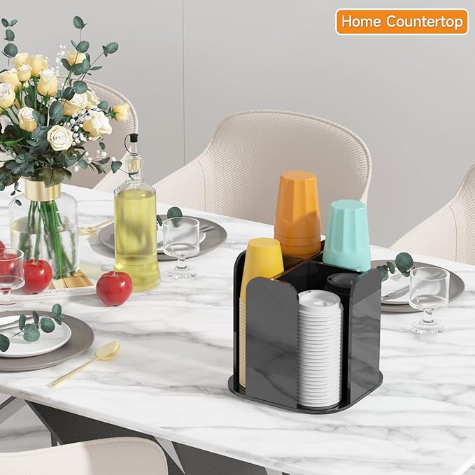 Beego Coffee Cup Holder Organizer - Rotatable 4 Compartments Black Acrylic Cup Dispenser Station With Lid Carousel - Countertop Plastic Cup Holder for Restaurant Breakroom Bar Accessories