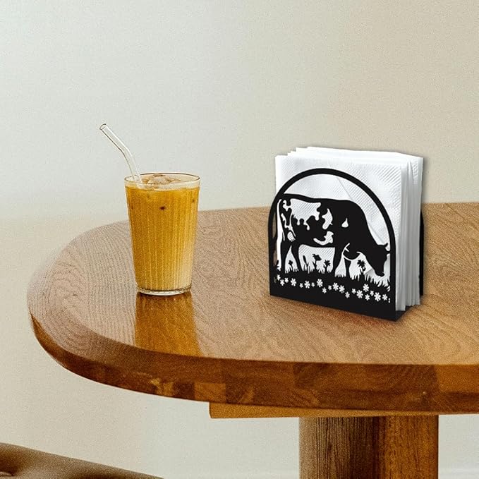 Cow Eating Grass Decorative Black Metal Napkin Holder for Table, 4.9" x 4.9" x 1.9" Standing Napkin Holder for Home Kitchen Restaurant Picnic Party Coffee Bar Dining Room