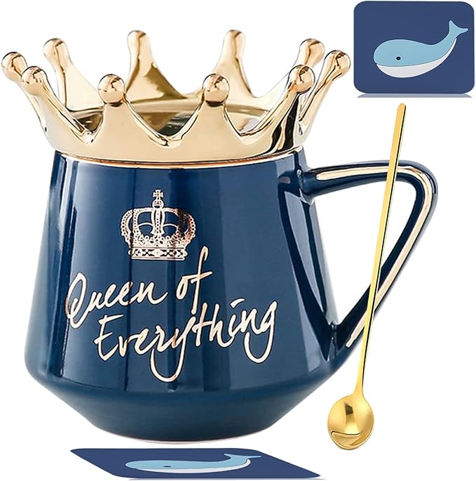 Queen of Everything Mug with Lid Cute Mugs Gift with Crown Dark Blue Coffee Mug with Spoon & Coaster 12 oz Ceramic Tea Cup Birthday Gift for Women Girls Mom Friend