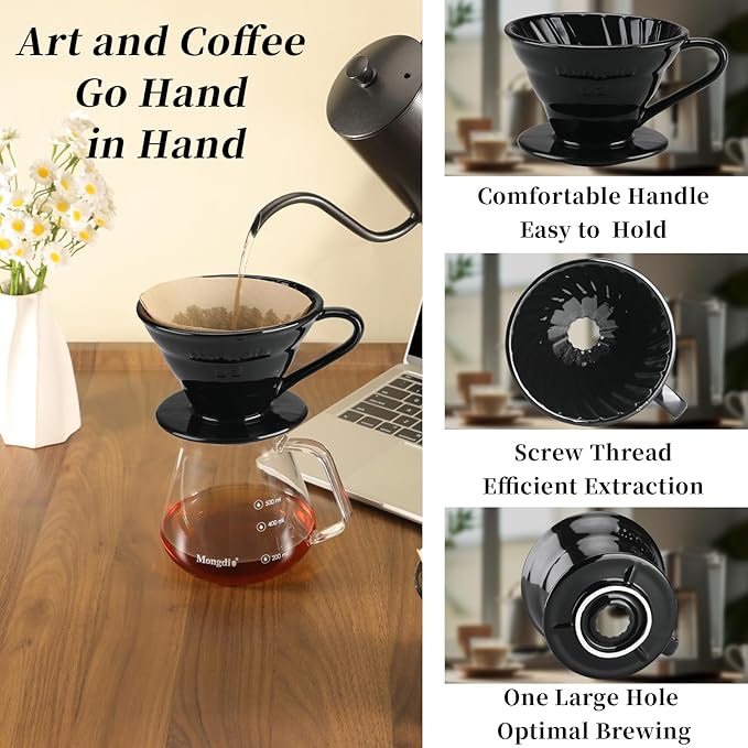 Mongdio V60 Ceramic Pour Over Coffee Dripper, Reusable Porcelain Portable Pour Over Coffee Maker, Slow Brewing Accessories with 1 Holes for Home - Size 02 Black