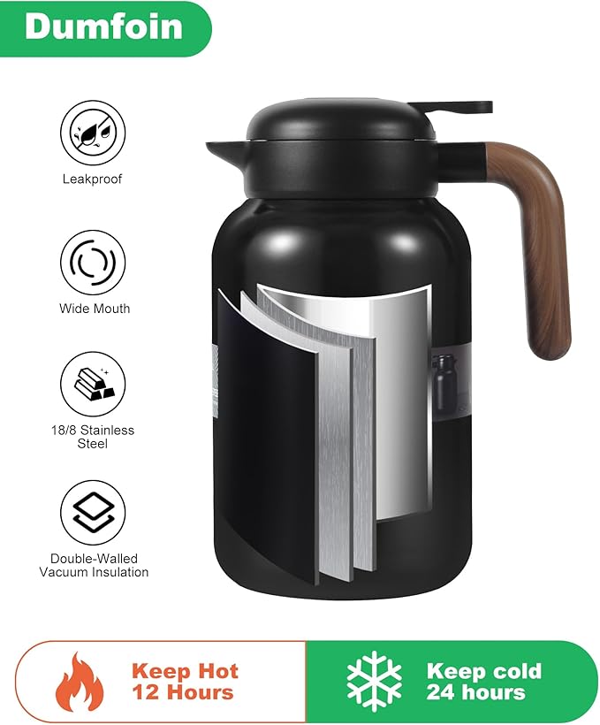 68 Oz Thermal Coffee Carafe, 2 PCS Stainless Steel Insulated Vacuum Coffee Carafes For Keeping Hot, 2 Liter Carafe for Hot Liquids (Black/Black)
