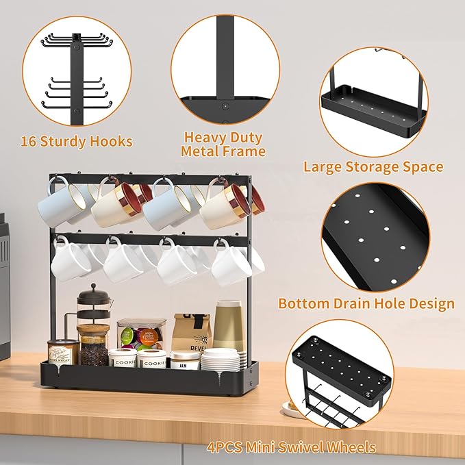 RCHYFEED Countertop Coffee Cup Holder, Aluminum Alloy Mug Holder Organizer with 16 Movable Hooks, 2 Tier Mug Tree Stand Rack with Storage Basket for K Cup Coffee Bar Kitchen