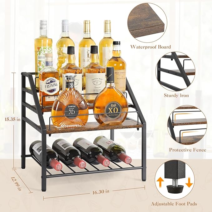 VINAEMO Wine Racks Countertop, 3-Tier Liquor Bottle Display Shelf, Coffee Syrup Organizer, Small Wine Rack, Wine Bottle Holder for Whiskey Bar, Retro Bar Shelves for Home Bar