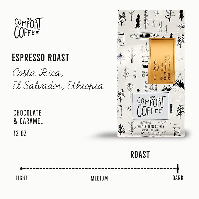 Mt. Comfort Coffee Espresso Roast, 12 Ounce - Flavor Notes of Chocolate & Caramel - Roasted Whole Beans