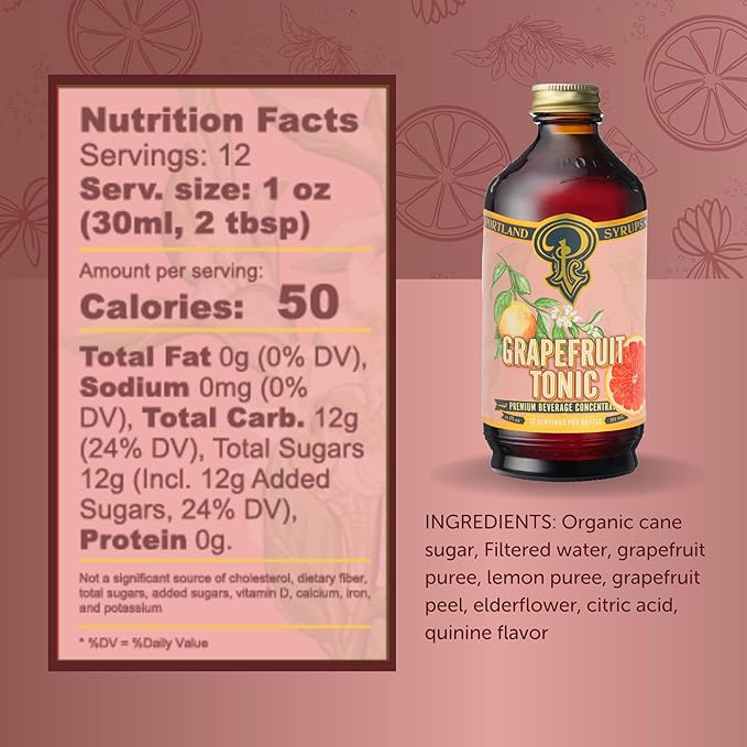 Portland Syrups Grapefruit Tonic Syrup - Craft Delicious Cocktails, Mocktails, Tea, Soda, Coffee Drinks, and More - 12 oz with 12 Servings (Pack of 1)