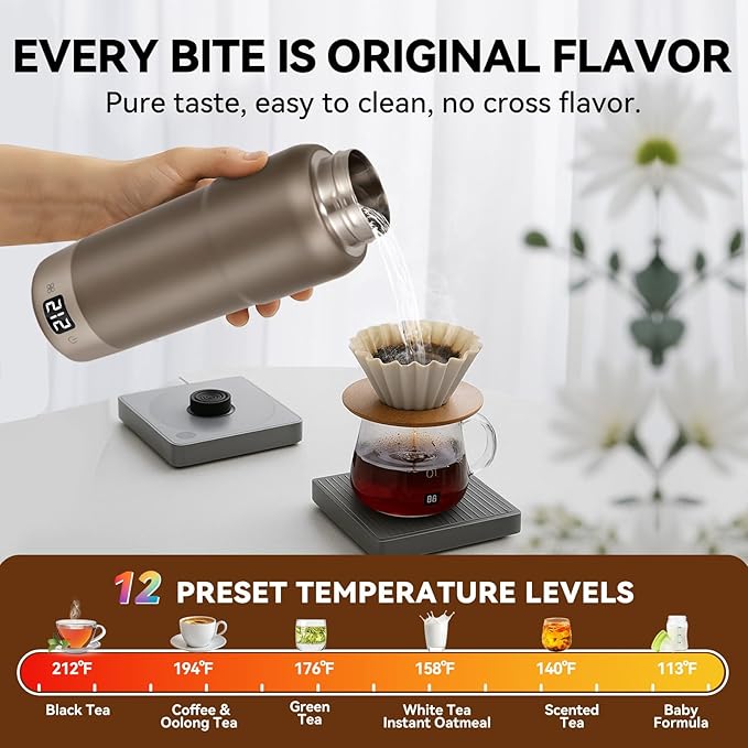 Pure Titanium Travel Kettle,Dual Voltage Portable Electric Kettle 110V-240V Smart Small Water Boiler for Tea & Coffee,12 Temperature Control,Auto Shut Off & Boil Dry Protection (Gray,520ML)