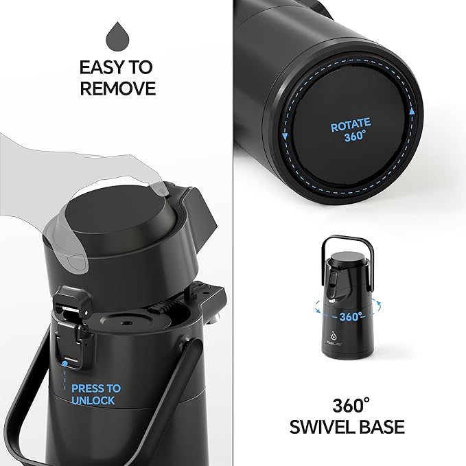 IDEUS Thermal Coffee Carafe 74oz (2,200ml), Stainless Steel Double Wall Insulated Vacuum Flask, Water Jug Coffee Server and Beverage Dispenser, Heat and Cold Retention (Black, 74oz (2,200ml))