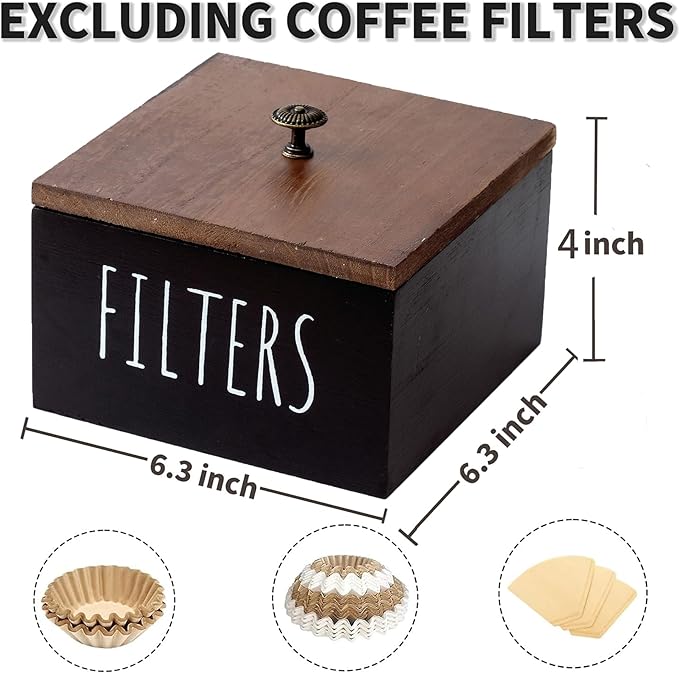 Coffee Filter Holder, Wooden Coffee Filter Container Coffee Filter Storage with Lid, Rustic Coffee Filter Dispenser Basket for Coffee Bar Decor, Farmhouse Coffee Bar Accessories (Black)