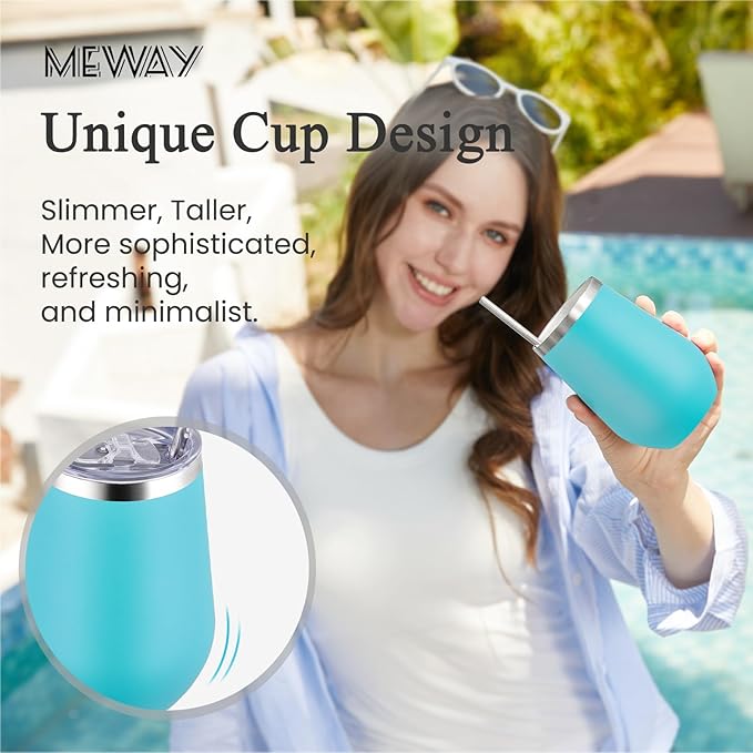 MEWAY Stemless 12oz Insulated Wine Tumbler with Lid and Straw - Double Wall Stainless Steel Thermal Cup for Hot and Cold Drinks, Ideal for Bridal and Baby Shower Game Prizes(Light Green,Set of 12)
