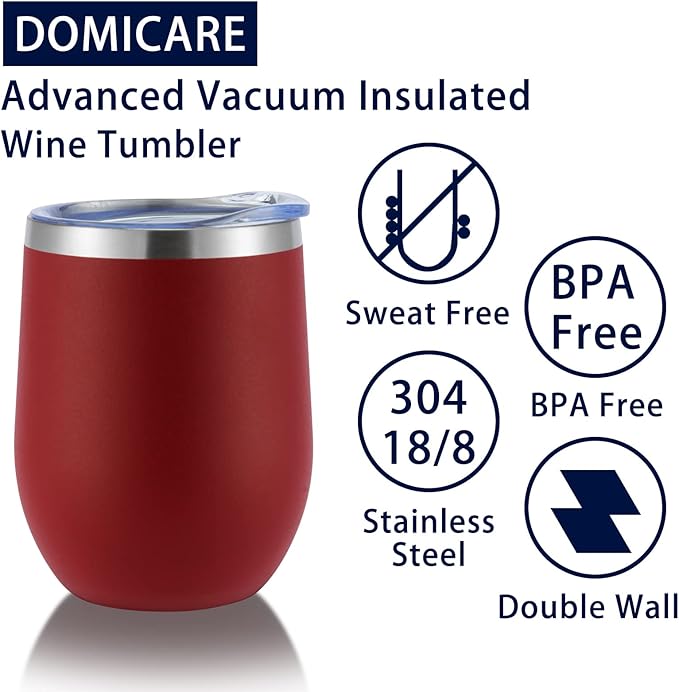 DOMICARE Stainless Steel Wine Tumbler Bulk with Lid, Personalized Insulated Tumblers Set, 12oz Travel Coffee Cups Pack of 1, Red
