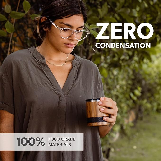 Elemental Recess Lowball Tumbler, 10oz Triple Wall Stainless Steel Cup with Non-Shattered Tritan Lid, Insulated Whiskey Glass, Insulated Coffee Tumbler Mug for Hot & Cold Drinks - Teak Wood