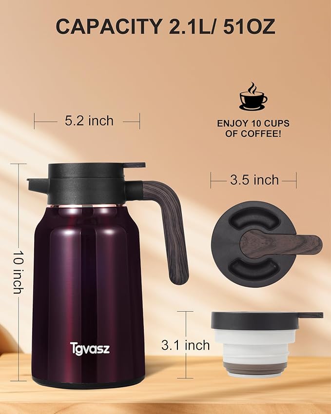 51 Oz Carafe for Hot Liquids 36 Hours Hot (Fullness of Carafe), 2 PCS Stainless Steel Insulated Vacuum Thermal Coffee Carafes For Keeping Hot, 1.5 Liter Coffee Dispenser（Angola Red)