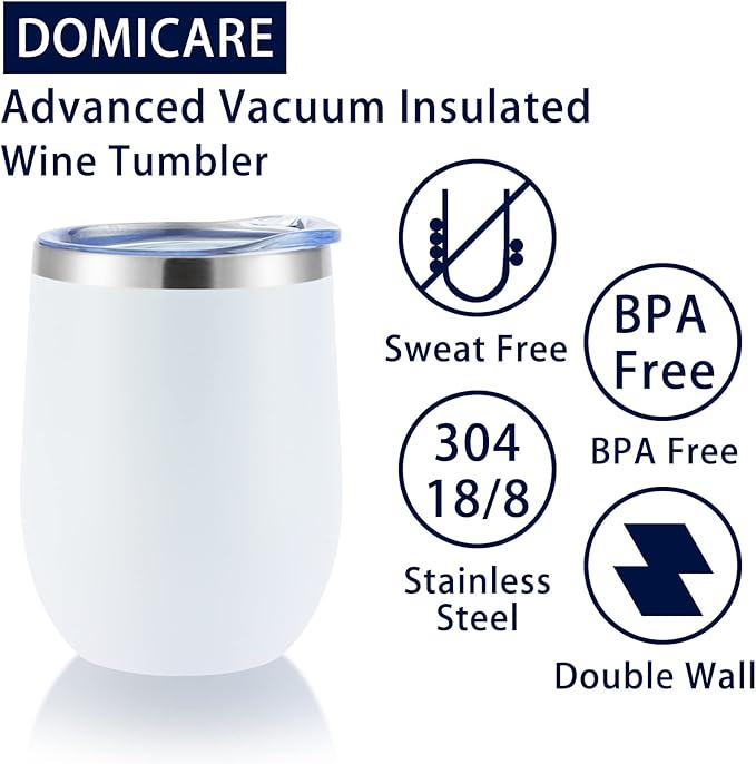 DOMICARE Stainless Steel Wine Tumbler Bulk with Lid, Personalized White Insulated Tumblers Set, 12oz Travel Coffee Cups Pack of 1