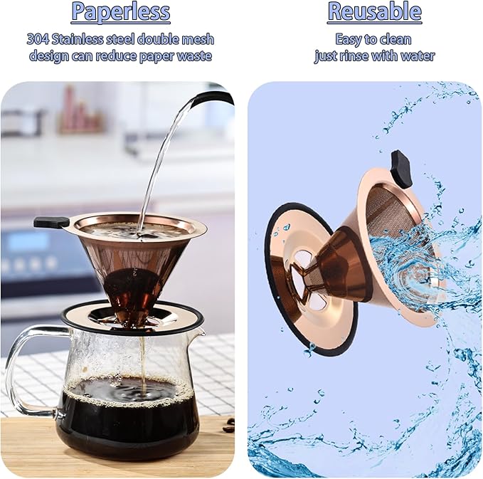 Small Size Pour Over Coffee Dripper, Stainless Steel Metal Cone Drip Coffee Filter, Paperless and Permanently Reusable, Double Mesh Coffee,TeaFilter for 1-2 Cups