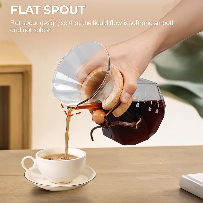 Pour Over Coffee Maker 800ml with 304 Stainless Steel Filter and Wooden Collar Holder Borosilicate Glass Drip Coffeemaker Server Set Clear Hand Brew Dripper Carafe for Home Camping Travel 27oz