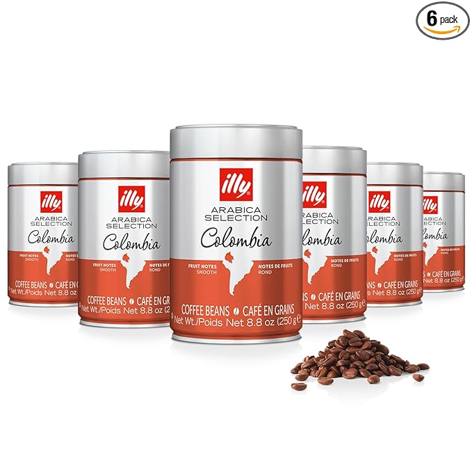illy Whole Bean Coffee, Arabica Selections, Colombia, Single Origin, Smooth with Notes of Citrus Fruits, 100% Arabica Beans, All-Natural, No Preservatives, 8.8 Ounce Can (Pack of 6)