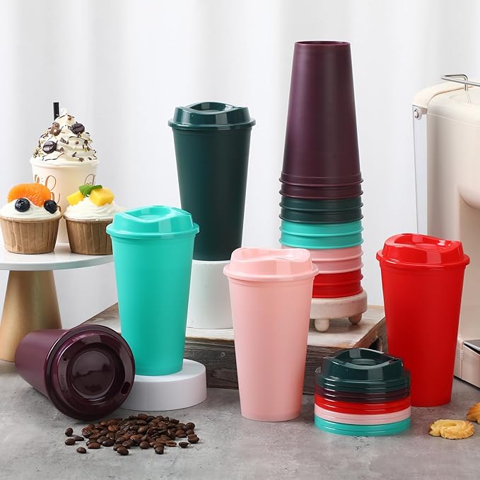 Domensi 15 Pack Reusable Coffee Cups with Lids 16 oz Disposable Travel Cups Bulk Plastic to Go Coffee Tumblers for DIY Hot Cold Drink Party Favors Coworker, Microwaveable (Multi Colors)