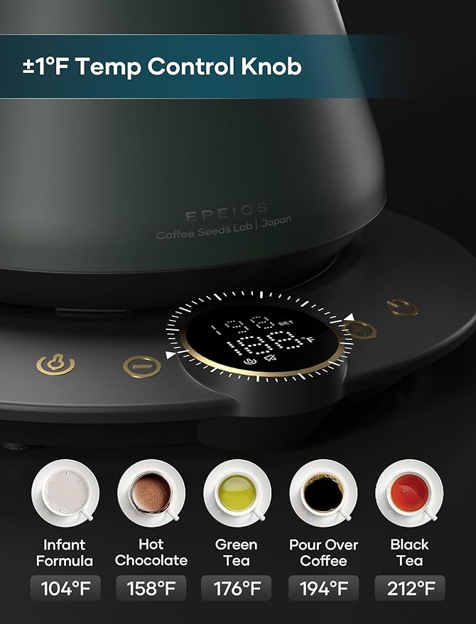 Gooseneck Electric Kettle with ±1℉ Temperature Control for Pour Over Coffee & Tea, Quick Heating, BPA-Free Stainless Steel, Built-in Brew Timer, 1500W/0.9L (Forest Green)