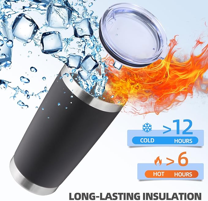 Volhoply 20oz Stainless Steel Tumbler with Lid and Straw Bulk 12 Pack,Double Wall Insulated Travel Iced Coffee Mug Fits Cup holder,Powder Coated Cups for Hot/Cold Drinks,Christmas Gifts（Black,12 Set）