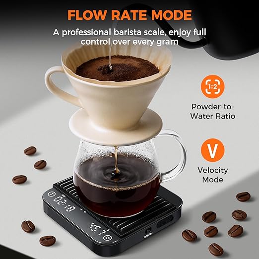 Mini Coffee Scale with Timer, 2kg/0.1g Precision Portable Espresso Scale, Rechargeable Pour Over Scale with Type-C,Flow Rate Mode, g/oz/ml, LED Display, Tare Function, Silent Mode