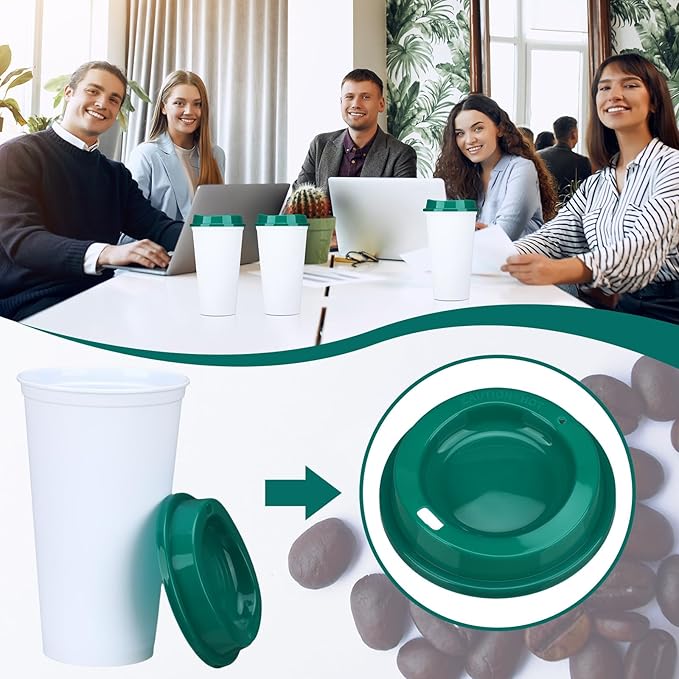 Domensi 15 Pack Reusable Coffee Cups with Lids 16 oz Disposable Travel Cups Bulk Plastic to Go Coffee Tumblers for DIY Hot Cold Drink Party Favors Coworker, Microwaveable (White with Green Lid)