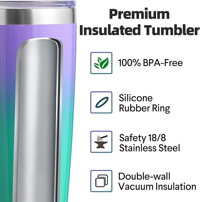 Volhoply 20oz Stainless Steel Tumbler with Lid and Straw,Double Wall Insulated Travel Ice Coffee Mug Fits Cup holder,Powder Coated Cups for Hot and Cold Drinks,Gifts for Women Men（Purple Green,1 Set）