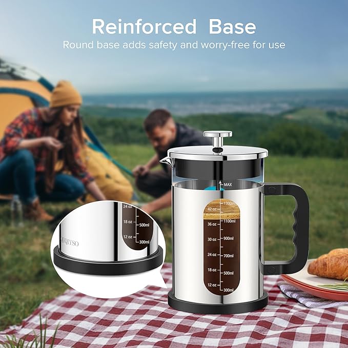 QUQIYSO French Press Coffee Maker 51oz 304 Stainless Steel French Press with 4 Filter, Borosilicate Glass Coffee Press