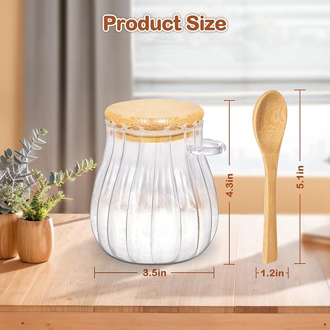 15oz Sugar Container with Bamboo Lid and Spoon,Sugar Bowl Glass Jar for Coffee Bar Accessories Coffee Canister Kitchen Decor (Medium)