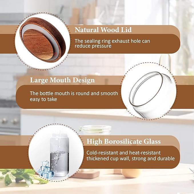 960ML/32Oz Clear Cute Glass Storage Canister Holder with Stackable Airtight Wood Lid, Modern Decorative Container Jar for Coffee, Spice, Candy, Salt, Cookie, Condiment, Pepper, Sugar