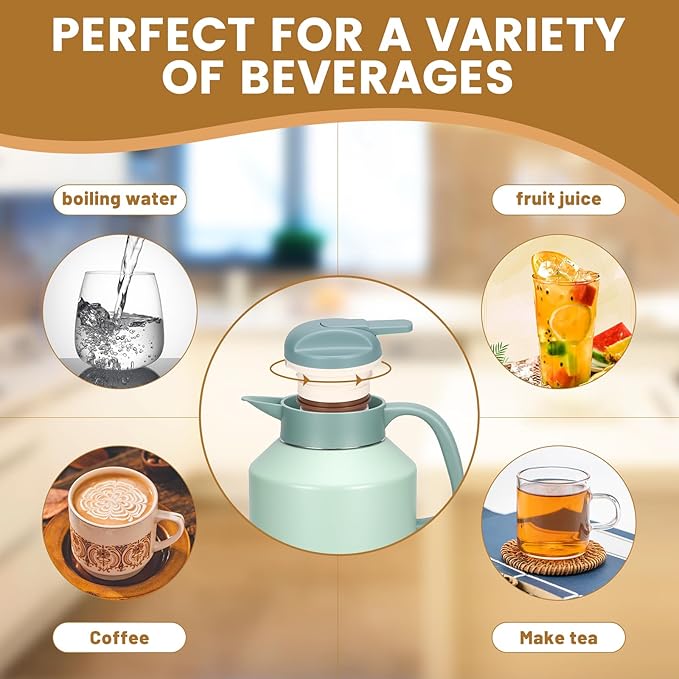 70 oz Thermal Coffee Carafe Insulated for Keeping Hot and Cold, Stainless Steel Vacuum Thermal Coffee Pot for Coffee, Tea, Water for Parties, Green