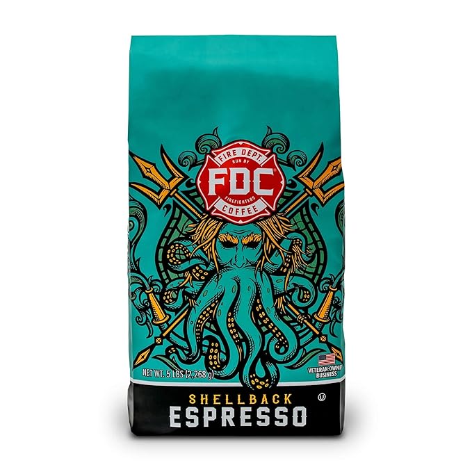 Fire Department Coffee - Gives Back to Firefighters - Bold & Smooth Shellback Espresso Coffee Beans - Roasted in the USA - Premium Espresso Beans - Veteran Owned - Bulk 5 LB