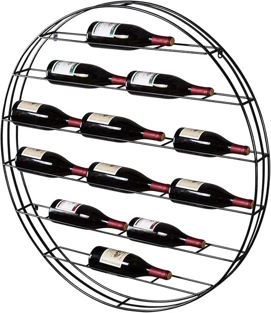 MyGift 12-Bottle Modern Black Metal Round Wall Mounted Wine Rack – 6-Tier Horizontal Storage Shelf for Kitchen, Living Room & Wine Cellar – Space-Saving Wall Decor & Cork Preservation