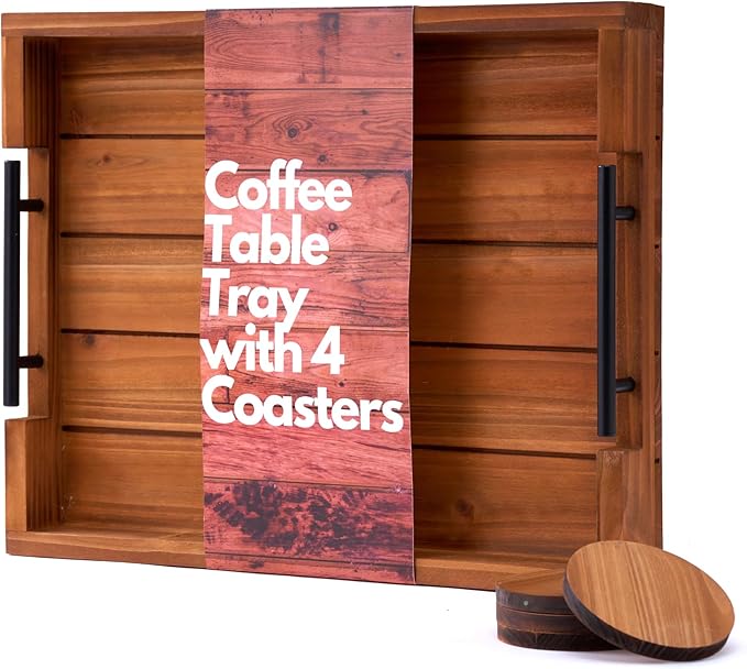 Ottoman Serving Tray | Decorative Coffee Table Tray with Handles – 17x13 Inch Wooden Tray with 4 Coasters for Breakfast, Kitchen & Bar