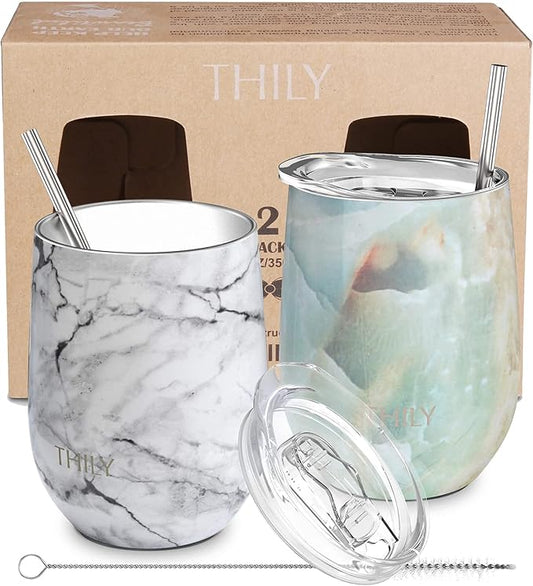 THILY Vacuum Insulated Stemless Wine Tumbler 12 oz Stainless Steel Wine Glass with Lid and Straw, Keep Cold or Hot for Coffee, Cocktails, Christmas Birthday Gift, 2 Pack(White Marble + Opal Marble)