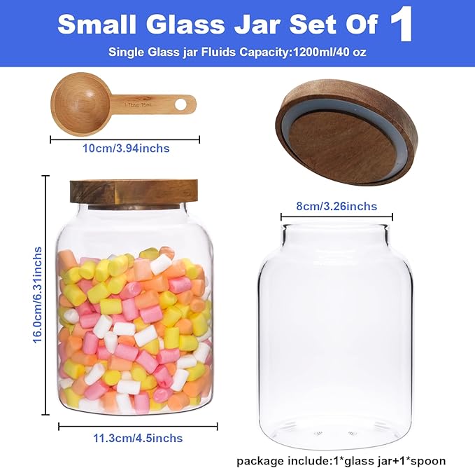 Glass Storage Jar with Lids Thicken Glass Coffee Canister Borosilicate Glass Food Containers for Spice Ground Nut Pasta Sugar Candy Tea (1200ml/40oz-1pack-with spoon)