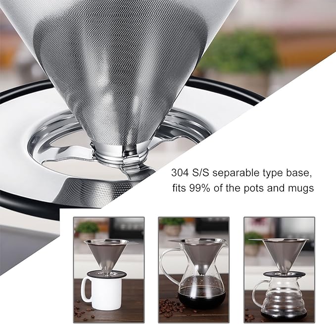 LHS Pour Over Coffee Dripper Stainless Steel Coffee Filter Metal Cone Filter Paperless Reusable Coffee Filter Single Cup Coffee Maker 1-4 Cup With Non-slip Cup Stand and Cleaning Brush