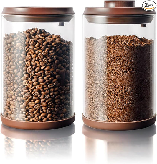 2 Pack Large Airtight Coffee Canisters with CO2 Valve - 2000ml Borosilicate Glass Storage Containers for Coffee Beans & Ground Coffee
