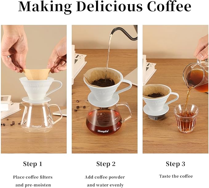 Mongdio V60 Ceramic Pour Over Coffee Dripper, Reusable Porcelain Portable Pour Over Coffee Maker, Slow Brewing Accessories with 1 Holes for Home - Size 02 White