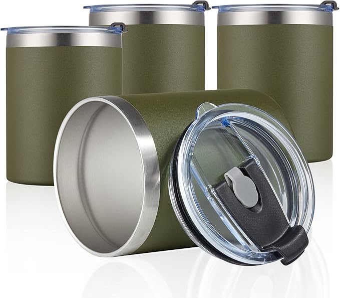 MEWAY 12 oz Lowball, Tumbler Stainless Steel Double Wall Vacuum Insulated Mug with Straw and Lid, Cleaning Brush ，Durable Powder Coated Insulated Coffee Cup for Cold & Hot Drinks (Army Green,1 Pack)