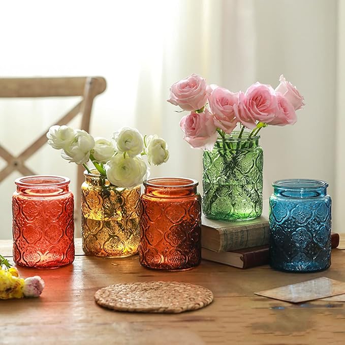 Vintage Glass Storage Jar with Solid Wood Lid - Sunflower Kitchen Canister for Coffee, Candy, Laundry Detergent - Cute Food Storage Jar for Pantry, Countertop (4 color-Begonia Flower, 23.7 Ounces)