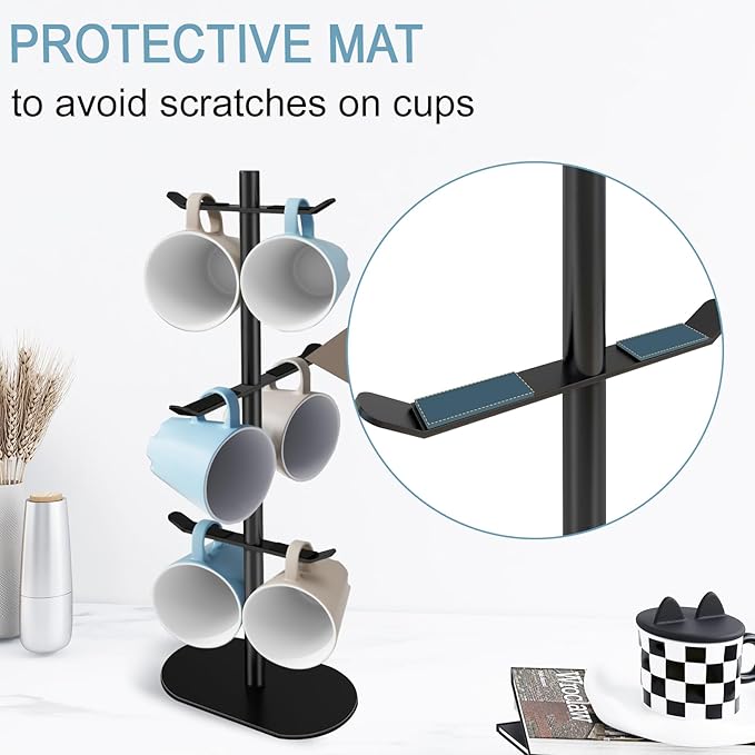 Cup Holder Tree with 6 Hooks, Metal Coffee Mug Rack Stand (Black)