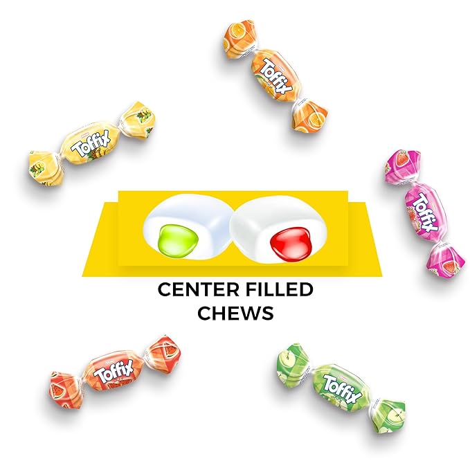 Toffix, Fruit Chews, Center-Filled Soft Fruit Chews Candy Individually Wrapped Snacks, Orange, Strawberry, Pineapple, Watermelon & Apple, Fruity Flavored Chewy Candies, 2.2 Pound Bulk Bag, Pack of 8
