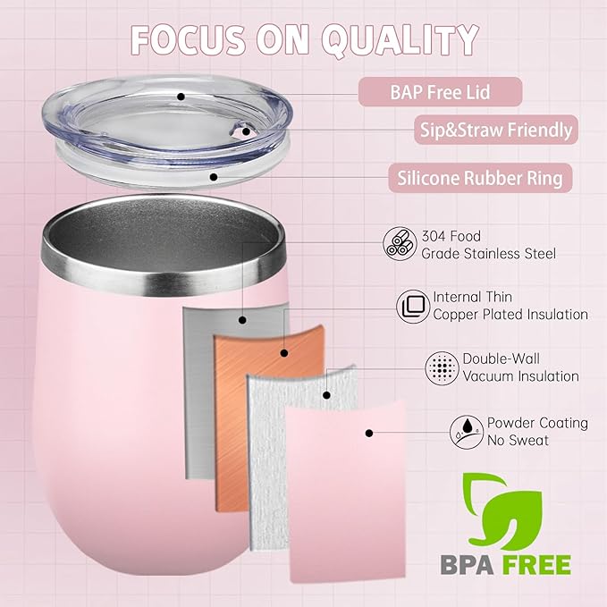 12oz/4 Pack Stainless Steel Wine Tumbler with Lid and Straw, Double Wall Vacuum Insulated Wine Tumbler Glasses, Stemless Travel Mugs for Hot and Cold Drinks, Coffee, Wine, Cocktails