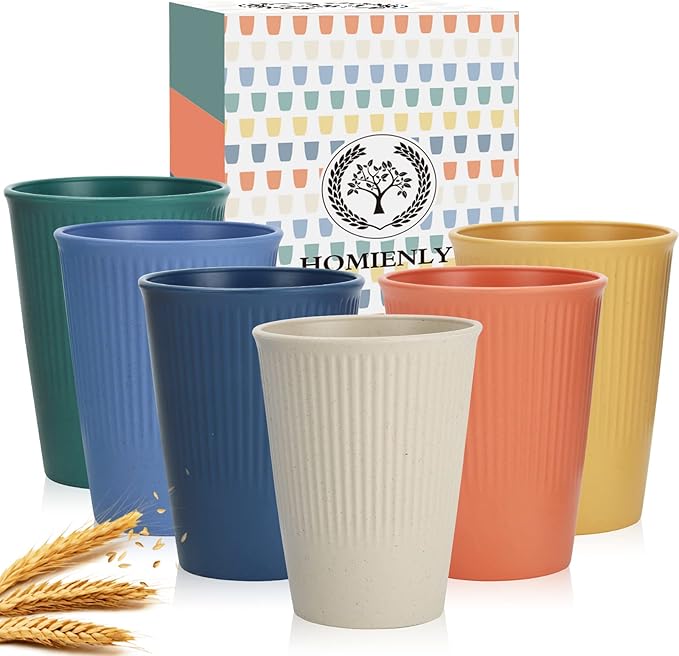 Homienly Drinking Cups Stackable Wheat Straw Cups 6 PCS Good Alternative to Dispoable Cups 12 oz Unbreakable Water Cups Reusable Dishwasher Safe Drinking Glasses Kitchen Essentials - Colorful
