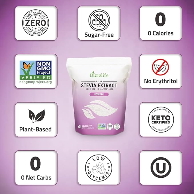 Durelife 100% Pure stevia extract sweetener | No Erythritol, NON-GMO Project Verified, No Fillers, Zero Calorie Sugar Substitute | No Aftertaste | Micro-Spoon Included (16 Ounce (Pack of 1))