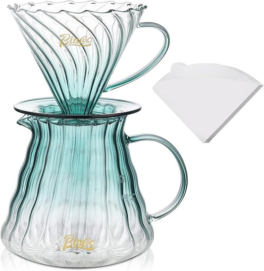 Bincoo Pour Over Coffee Maker Set with Dripper Size 02,600ml Glass Coffee Server Set,60 Angle TaperedGlass Coffee Dripper with Stand&Filter Paper for Home Office Gift (Green)