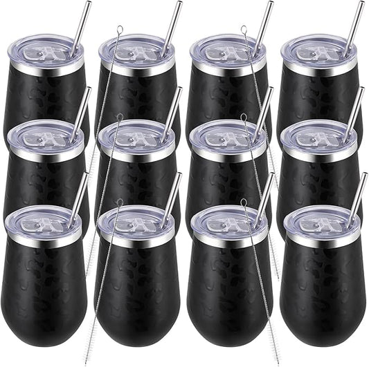 MEWAY 12oz Insulated Wine Tumbler with Press-In Lid, Double Wall Vacuum Stainless Steel Travel Tumbler with Straw,Travel Cup for Coffee, Gift for Woman Under 10 dollars(Black Leopard,Set of 12)