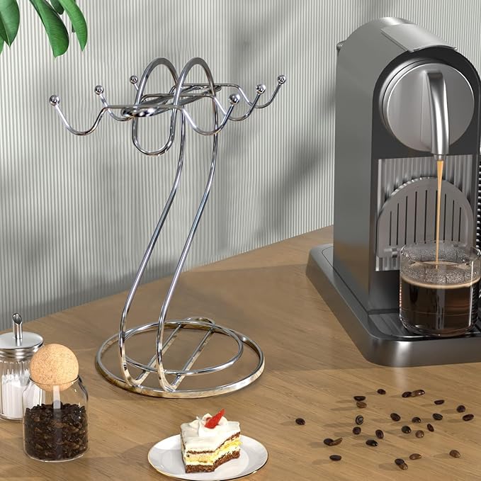 Coffee Mug Holder Metal,Mug TeaCups Holders Countertop,Coffee Mug Tea Cup Stand Storage Rack Tabletop Counter 6 Hooks(Silver)