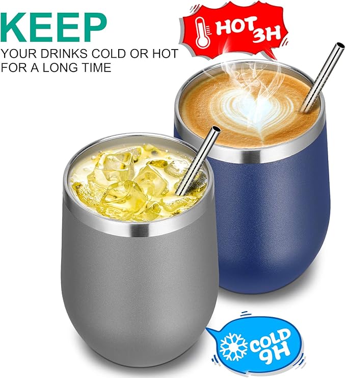 VEGOND Wine Tumblers Bulk 6 Pack, 12oz Stainless Steel Stemless Wine Glass with Lids and Straws, Double Wall Vacuum Insulated Tumbler Cup, Coffee Mug for Cold Hot Drinks